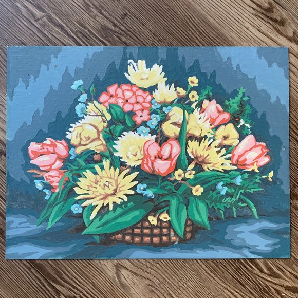 2 VTG Paint by Numbers Flower Baskets Floral Cottage 70s Boho Unframed Set - Picture 2 of 11